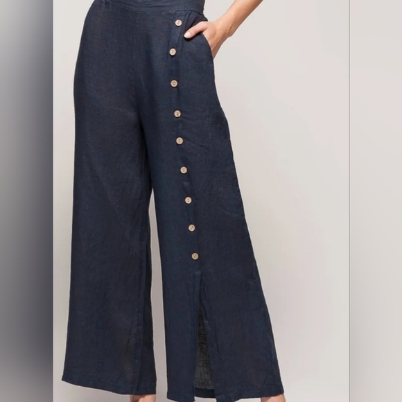 Zury Pants - Women's Black Button Slit Wide Leg Pants With Pocket. 100% Cotton. Free Size